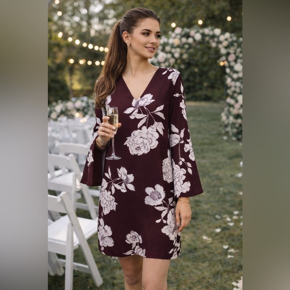 Dynamite Floral Shift Dress Burgundy V-Neck | modern feminine chic medium - Picture 1 of 7